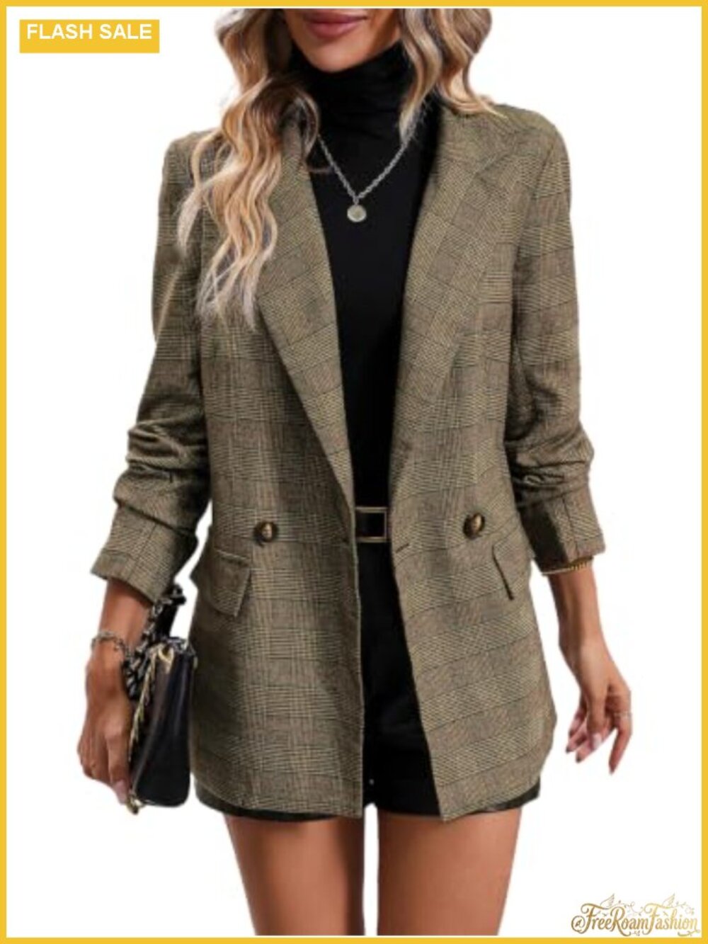 Women's Plaid Tweed Blazer Houndstooth Double Breasted Business Casual Jacket